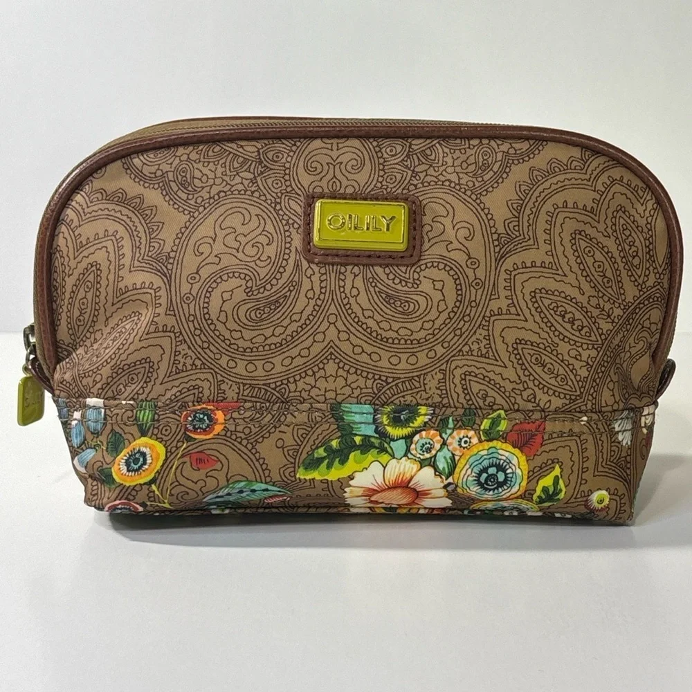 Oilily Brown Paisley Floral Cosmetic Bag Travel Makeup Pouch Zip Case